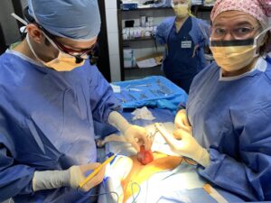 A large hernia being dissected by two doctors wearing blue scrubs and yellow face masks